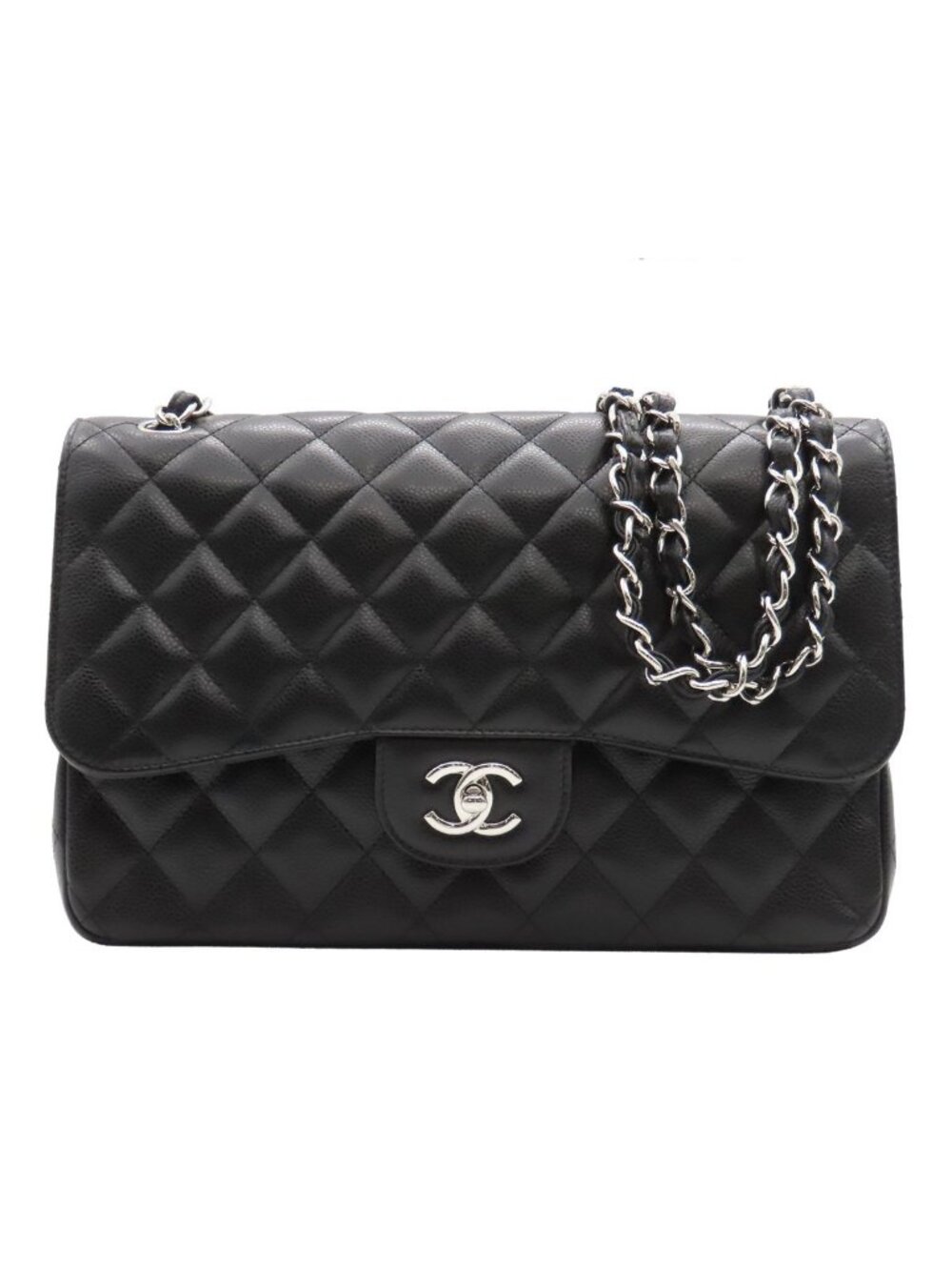 Chanel Chain Shoulder Bag Maxi Quilted 30 Double Flap Black Silver Caviar